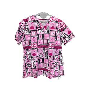 White Cross Christmas Candy Cane Reindeer Scrub Top Women Size M